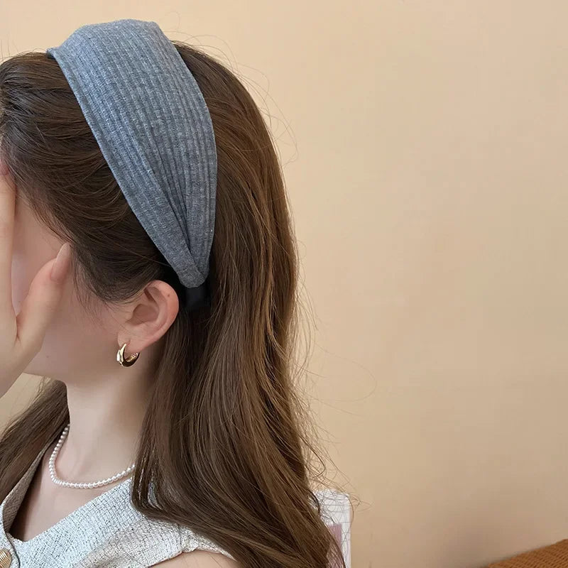 Solid Color Wide Edge Striped Yarn Headband High Head French Gentle Hair Accessory Popular Internet Celebrity Style