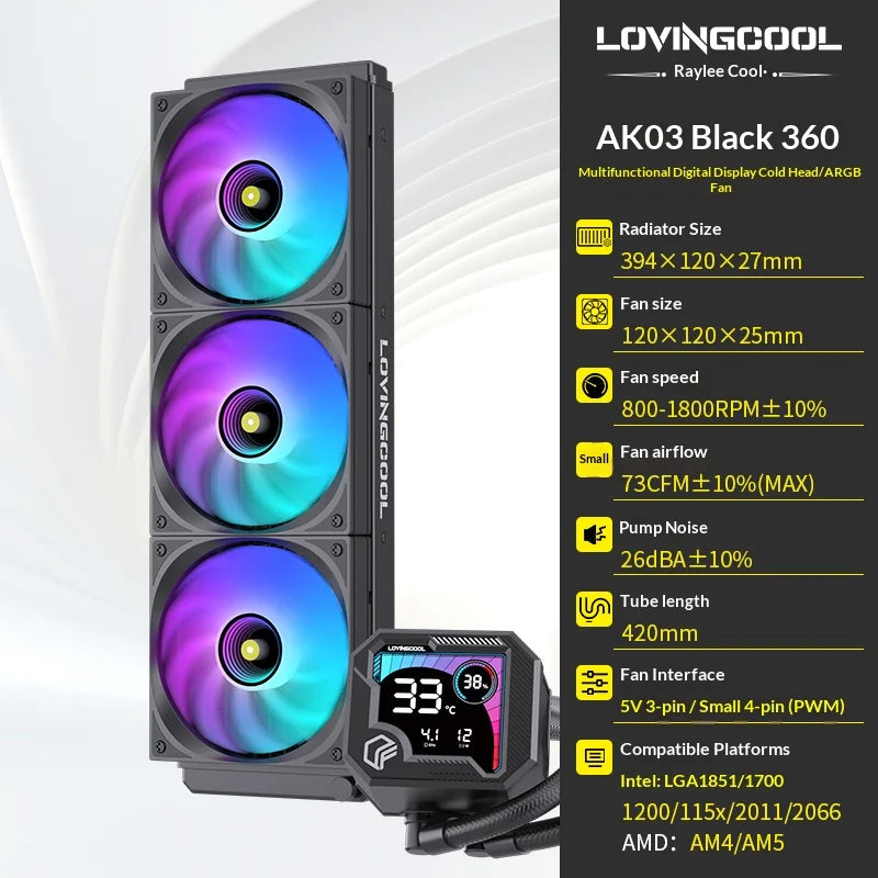 LOVINGCOOL AK liquid cooler 240mm 360mm broken code screen dynamic digital display ARGB PWM Abyss Mirror integrated water cooled
