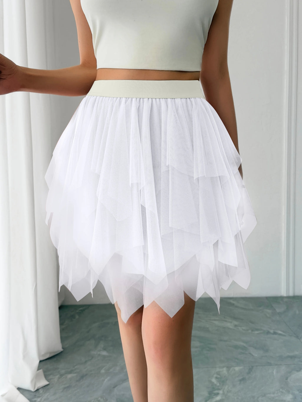 Women's mid waist chiffon mini skirt summer casual asymmetrical hem layered ruffle A-line skirt holiday sweet fairy skirt