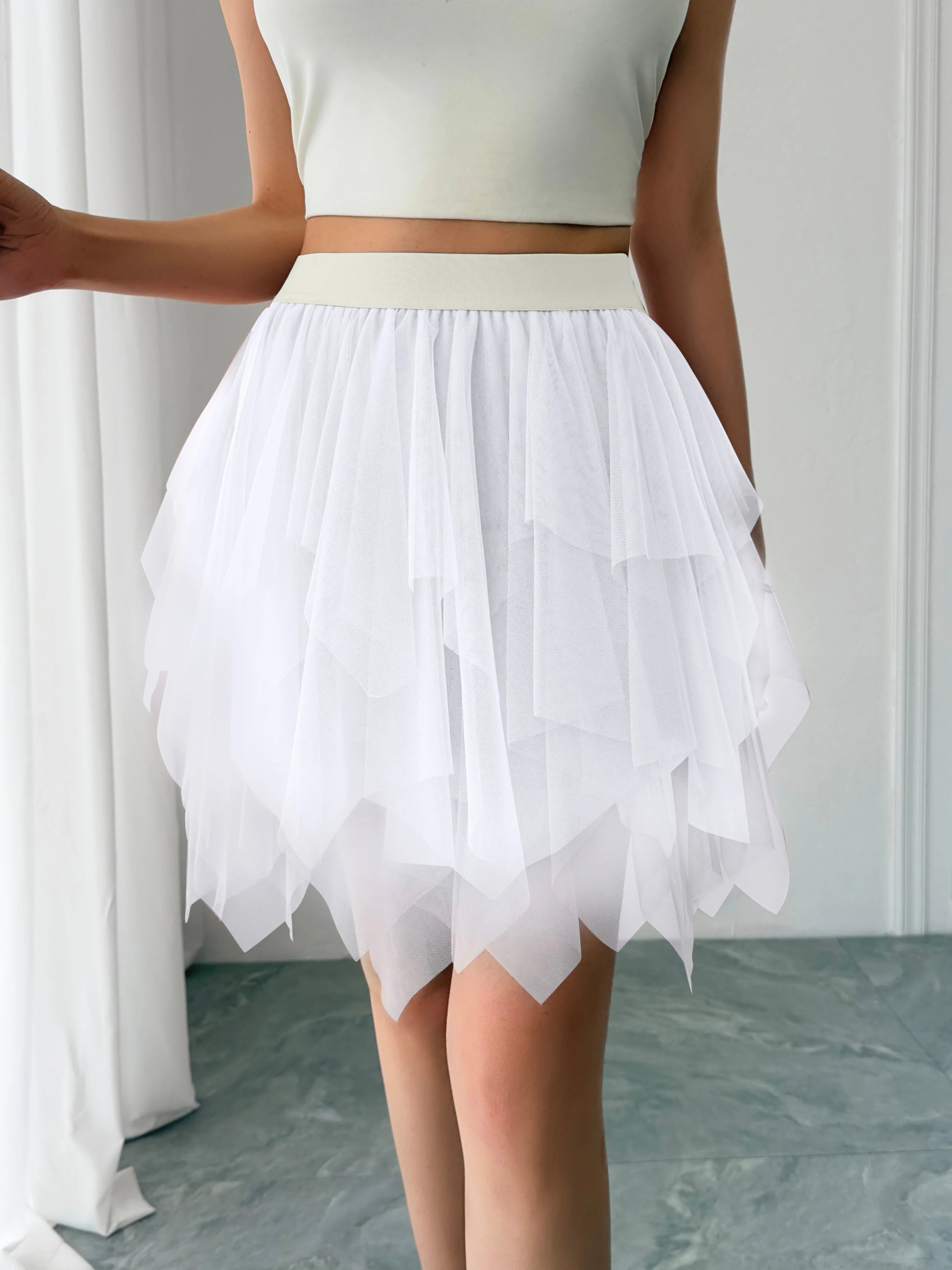 Women's mid waist chiffon mini skirt summer casual asymmetrical hem layered ruffle A-line skirt holiday sweet fairy skirt