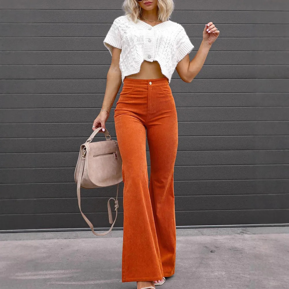 2025 Corduroy Trousers All Season Women Solid Button Fly Pocket Loungewear Slim Fit Ladies Flare Pants Streetwear Dropshipping