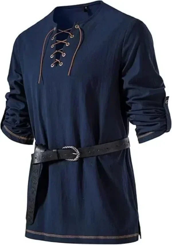 Men Medieval Lace Up Linen Long Sleeve Tunic Viking Pirate Renaissance Cosplay Shirt With Vintage Embossed Leather Belt