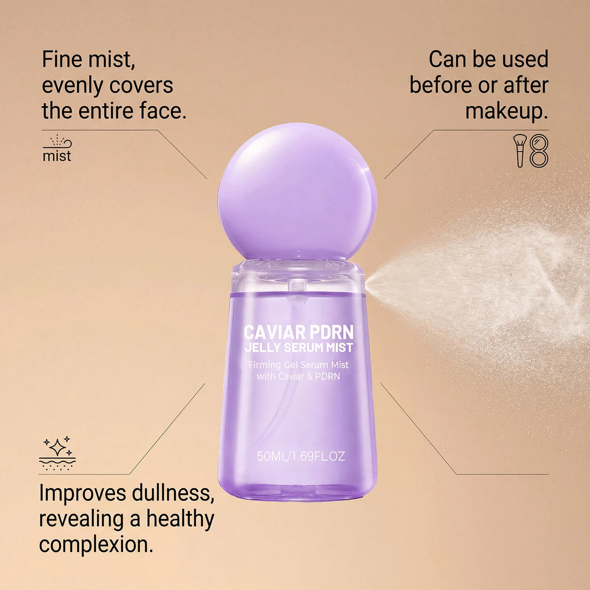 Caviar PDRN Jelly Serum Mist Smooth Dry Lines Nourish Hydrating Skin Brighten Skin Tone Tighten Facial Pores Jelly Essence Spray