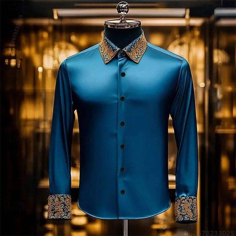 Luxury 3D Printed Long-Sleeve Men's Shirt, Baroque Gold Pattern Slim Fit Dress Shirt, Business Banquet Men's Shirt, Sizes XS-6XL