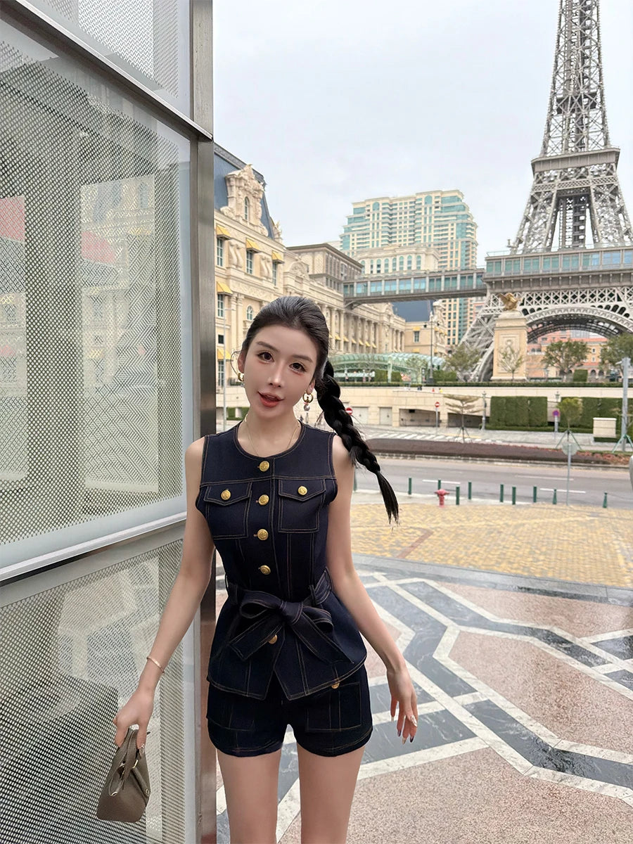 High-waisted denim shorts Y2k American dark blue women's 2026 spring and summer fashion hip-hop goth casual slim shorts