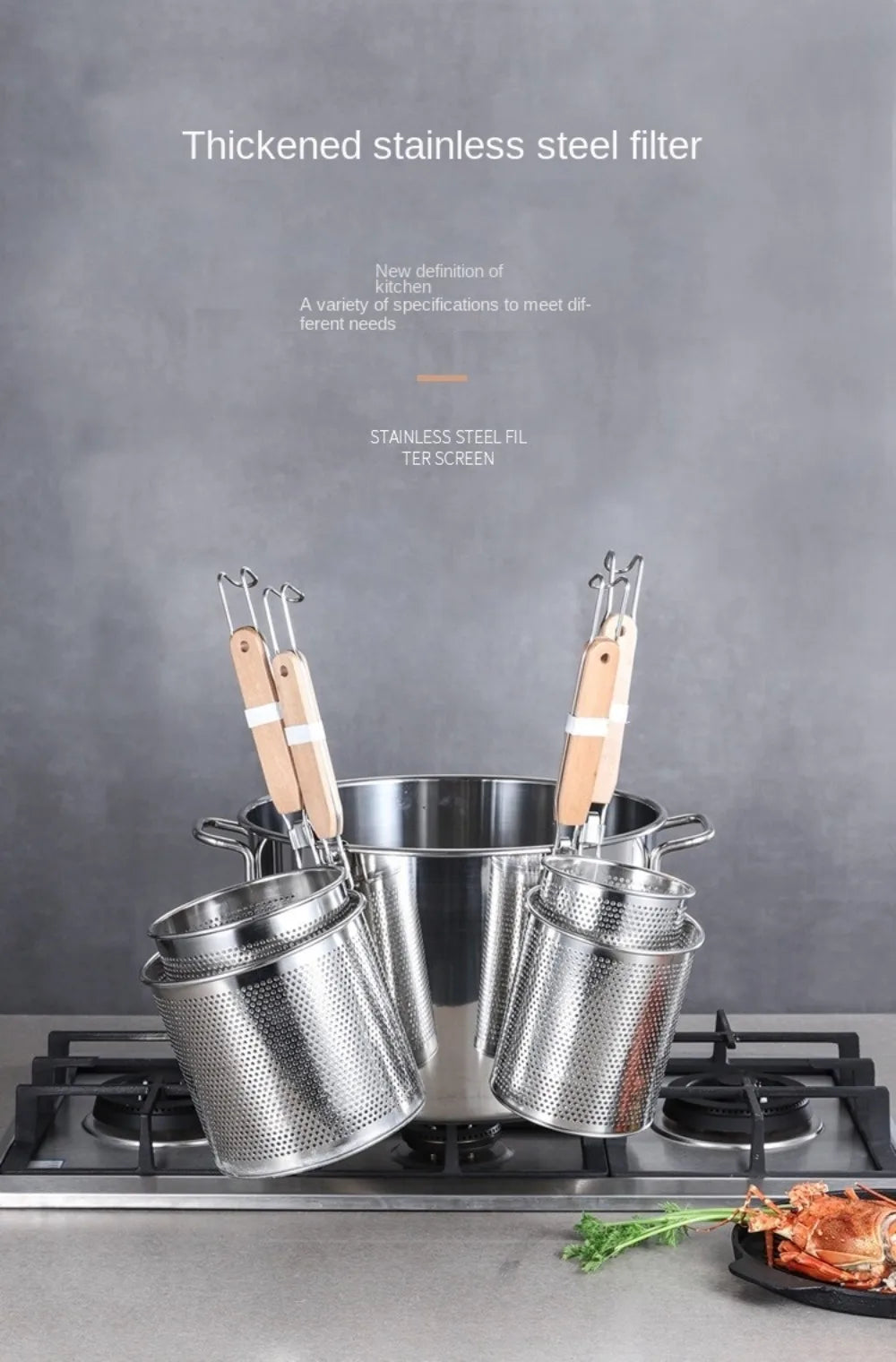 Durable Thickened Stainless Steel Funnel Kitchen Gadgets Wooden Handle Pasta Basket Strainer Multifunctional Noodle Funnel