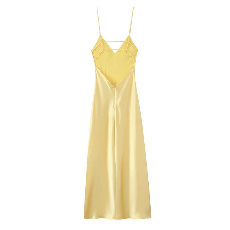 Brown Satin Lace Splicing Sling Dress Women Elegant Irregular Hem V Neck Backless Sleeveless Gown Chic Women Party Club Vestidos
