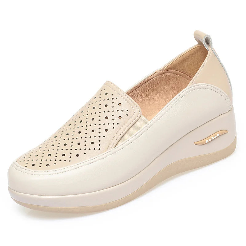 2024 Spring Soft Leather Thick Bottom Women Shoes Wedges Cutout Breathable Sneakers Platform Lightweight Mom Loafers
