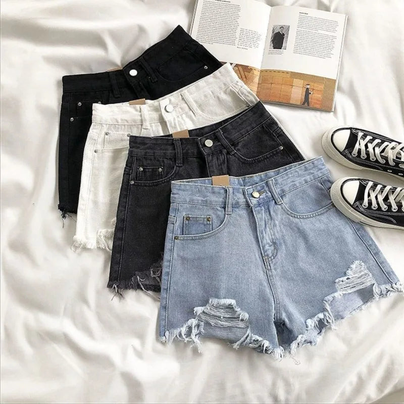 Women High Waist Ripped Denim Shorts Korean Y2K Streetwear Tassel Pocket Summer Casual Blue Jeans Pants Fashion Street Trousers