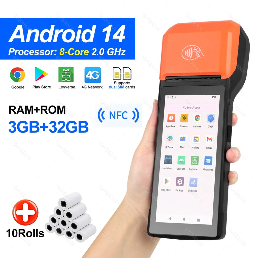 Android 13/14 POS Terminal Machine 5.5' Touch Screen Built-in 58mm Bluetooth Thermal Receipt Printer Wifi Support Loyverse App