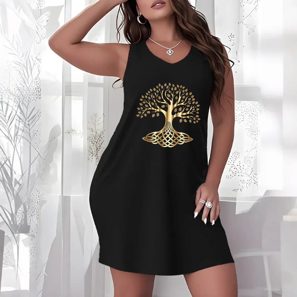 Autumn Fall Theme Women Plus Size Sleeveless Dress Maple Leaf Pumpkin Tree Heart Print Loose Casual Home Vacation Lounge Dress