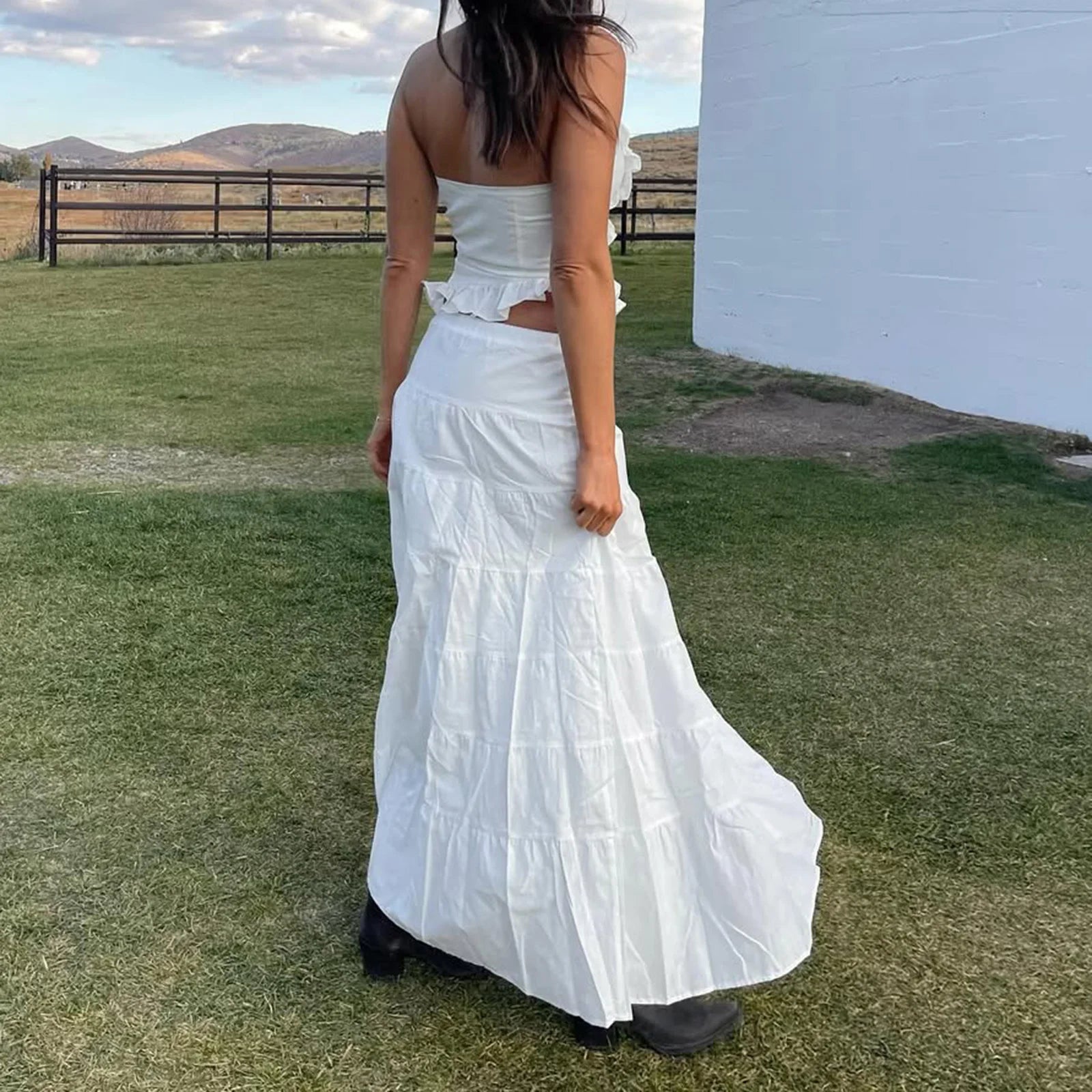 Women Summer Boho 2 Piece Maxi Skirt Sets Y2k Sexy Halter Ruched Cami Tops Tiered Flowy Ruffle Skirts Holiday Beach Outfits