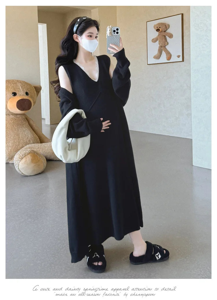 Maternity Suit  Autumn High-End Lazy Style Versatile Long Coat And Lace Paneled V Neck Straight Tank Dress Two Piece Set