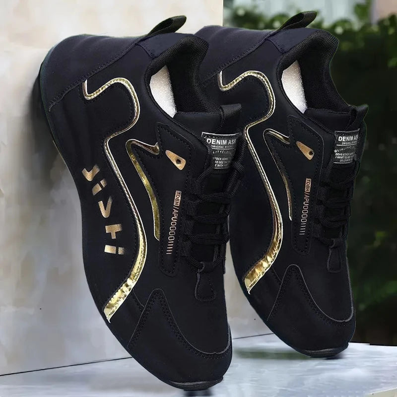 Men's Fashionable Sneakers – Casual Sneakers with Gold Accents, White Upper, Black and Gold Embellishments, Lace-Up Style, Perfect for Pairing with Casual Outfits and for Outdoor Activities