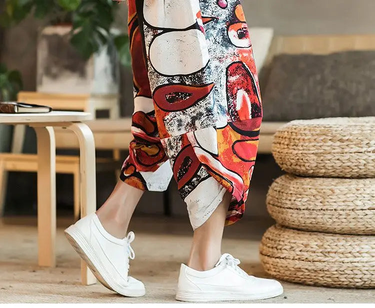 Men's Casual Cotton Linen Seven-Foot Pants Summer plus Size Lantern Loose Fit Shorts Harlan Style Comfortable Breathable Leis...