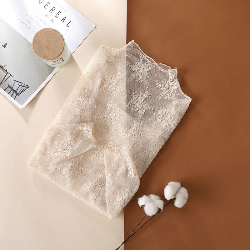 Women Half High Collar Mesh Bottomed Blouse T-shirt Lace Ear Edge Spring and Autumn Western-style Hollow Long Sleeve Lace Top