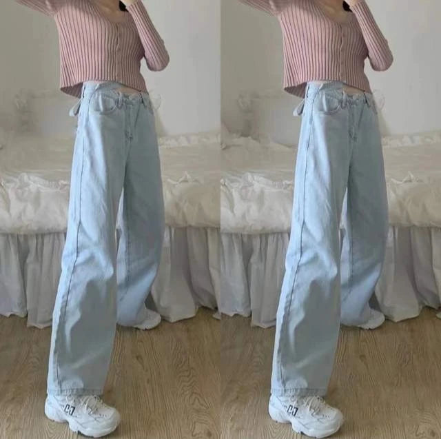 Women's High Waist Baggy Jeans Korean Trendy Loose Wide Leg Denim Pants with Ankle Ties Flowy Floor Length Streetwear
