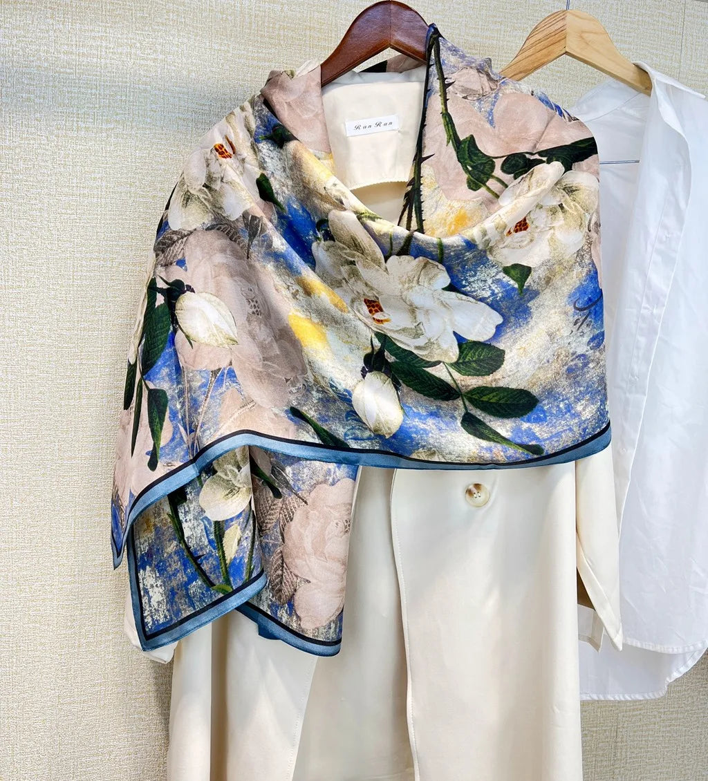Birdtree, 9MM 100%Real Silk Scarf Shawl, Thin Plum Bossom Summer Beach Shawls Scarfs, Fall Winter Neck Head P36714QM