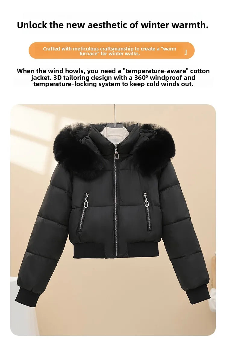 Korean Style Short down Cotton Jacket Women's Thickened Large Fur Collar Hooded Coat Slim Fit Commute Element  Color