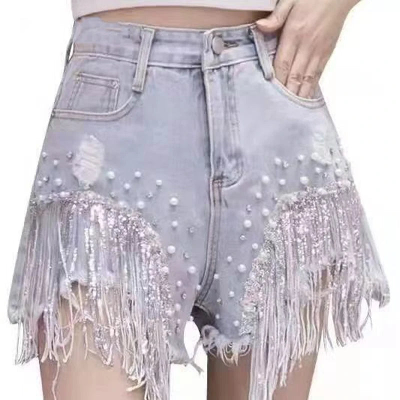 Heavy industry nail bead sequins tassel denim women niche design sense summer new versatile high-end slimming short pants