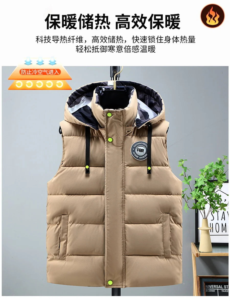 Black Men Cotton Padded Vest Fashion Detachable Hooded Sleeveless Jackets Winter Warm Men's Clothes Male Thick Coat Big Size 5XL