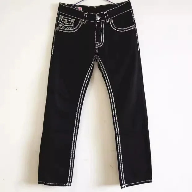 European American New Fashion Men's Black White Casual Trendy Simple Basic Straight Plus Size Denim Trousers Male Jeans Pants