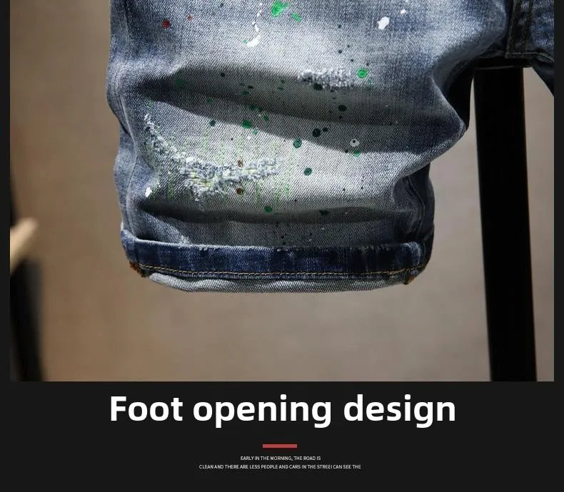 Washed Ripped Denim Men's Trendy Brand Spray Paint Medium Summer Thin Elastic Patch Bermuda Short Pants Men's Jeans Shorts