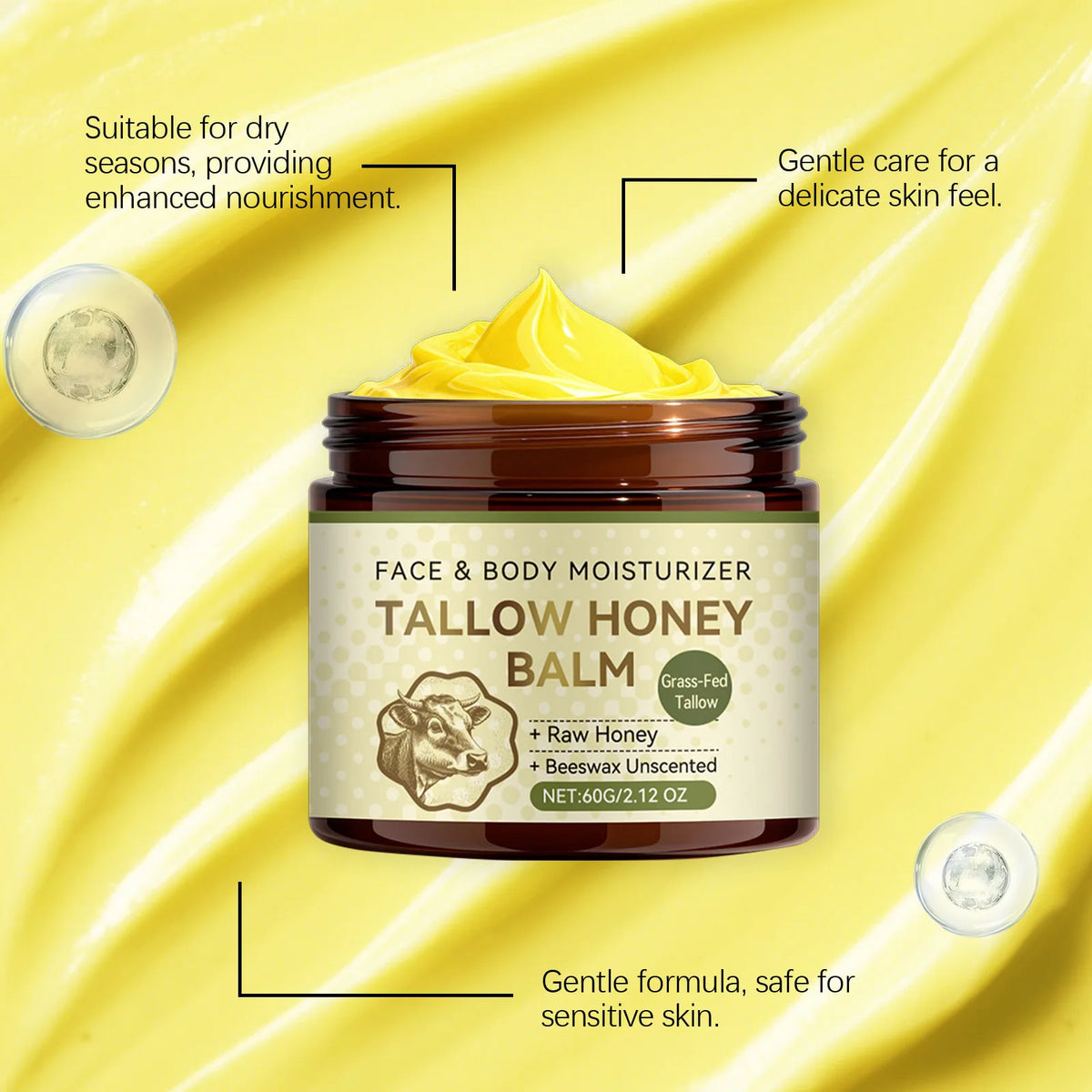 Whipped Beef Tallow Honey Balm Lock Moisture Nourish Repair Facial Skin Enhance Elasticity Soften Rough Skins Face Moisturizer