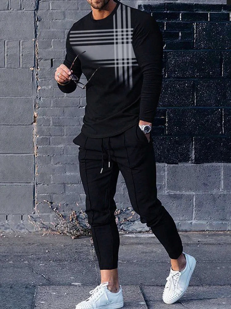 Magnificent Lion Print Men's Autumn Trend Round Neck Long Sleeve T-shirt 2pcs Outdoor Casual Comfortable Men's Top And Pants