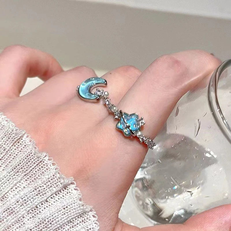New Blue Planet Star Moon Rings for Women Zircon Rhinestone Pearl Open Finger Rings Sweet Party Y2K Jewelry 2000S Girls Gifts