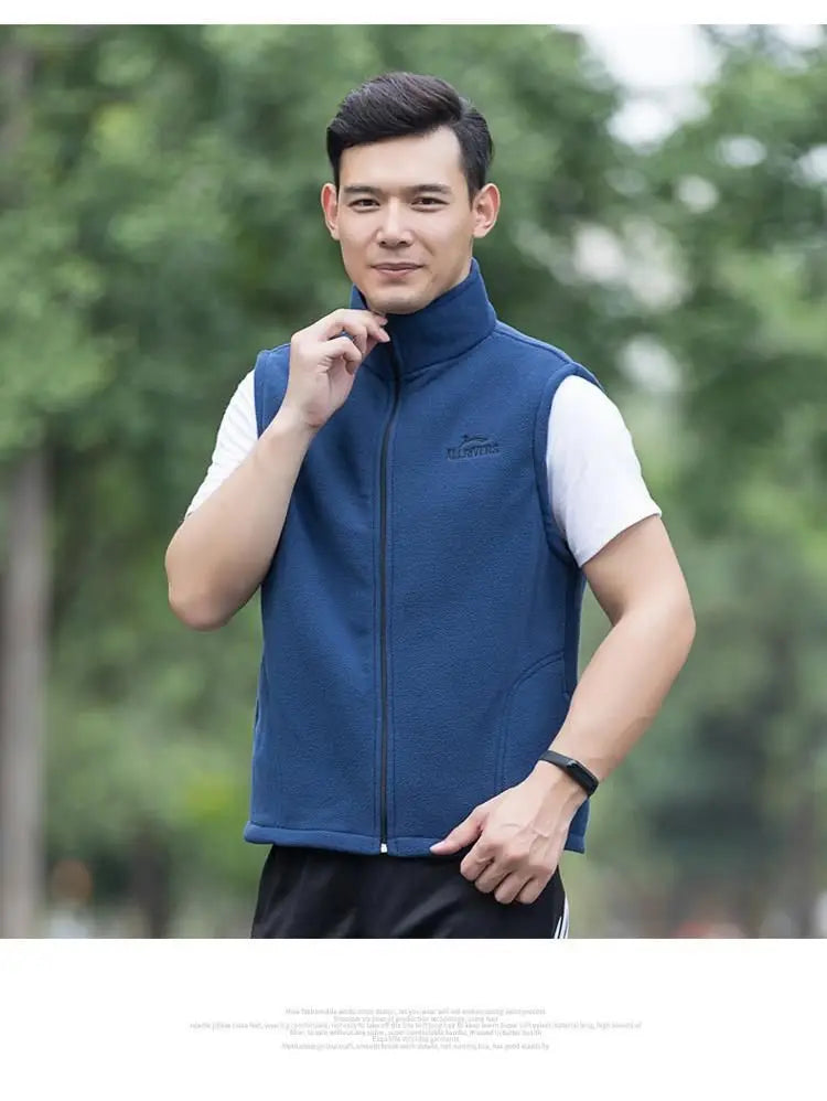 Men's Embroidery Vest Waistcoat Standing Collar Double-sided Fleece Warm Sleeveless Pocket Vest Outdoor Windproof Mens Jacket
