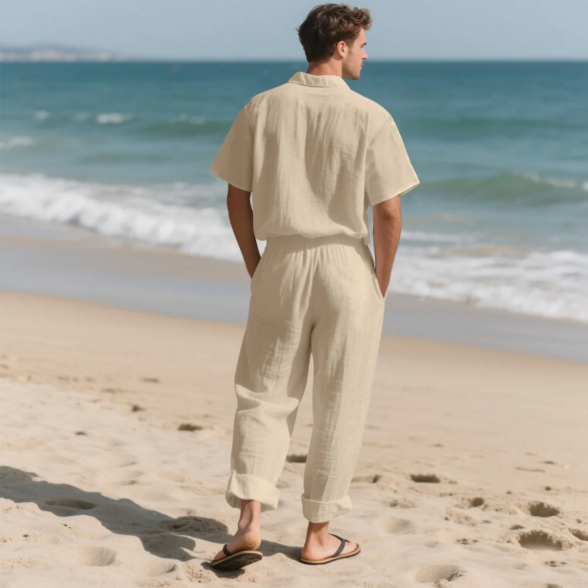 Men's Summer Beach Casual Cotton Linen Shirt Two-Piece Set with Lapel Pocket Long Pants And Shor Fashionable Breathable Clothing