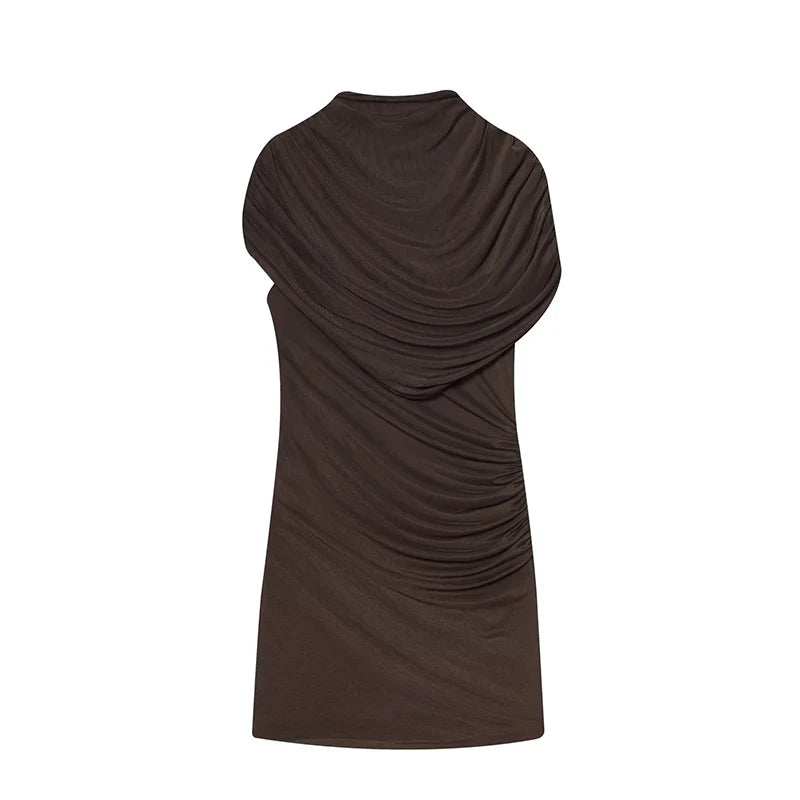 Elegant Mesh Shawl Short Dress Women Pleated Half High Collar Sleeveless Female Dresses 2026 Spring Lady Chic Party Gowns New