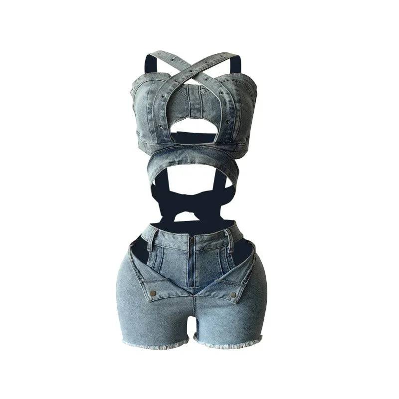 Two Piece Sets Women Denim Shorts Suit Sexy Vest Top Strap Backless Jeans Short Pants Pockets Outfits 2025 Streetwear Ensemble