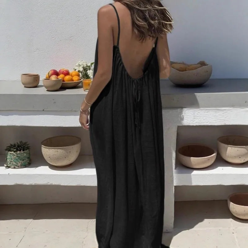 Women Backless Loose Sling Nightgown New Spaghetti Strap Home Wear Casual Lounge Dress