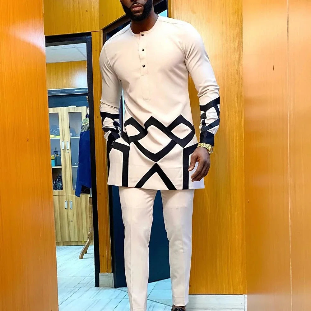Kaftan Elegant Men's Suit Long Sleeve Ethnic Style Casual EmbroideryTop And Pants 2PCS Sets African Fashion Traditional Outfits