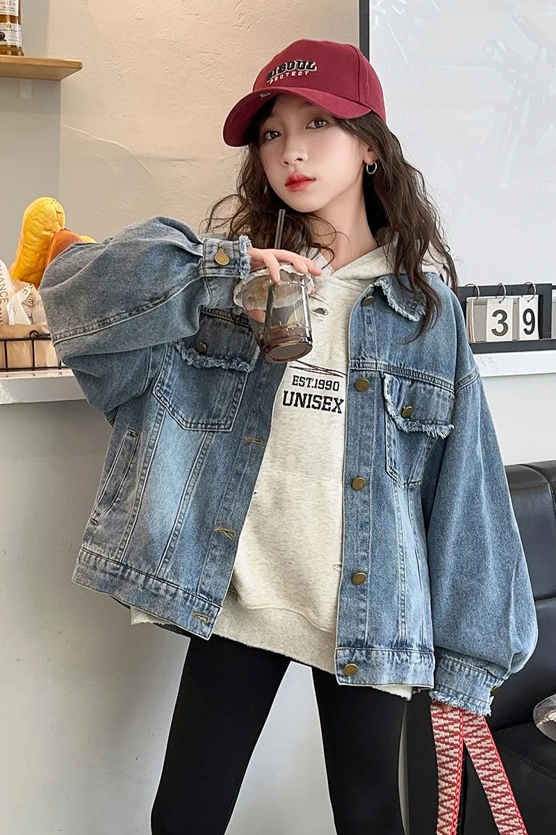 Girls Denim Jacket Spring Autumn 2026 New Style Casual Versatile Loose Button Down Jean Coat Fashion Children's Clothing