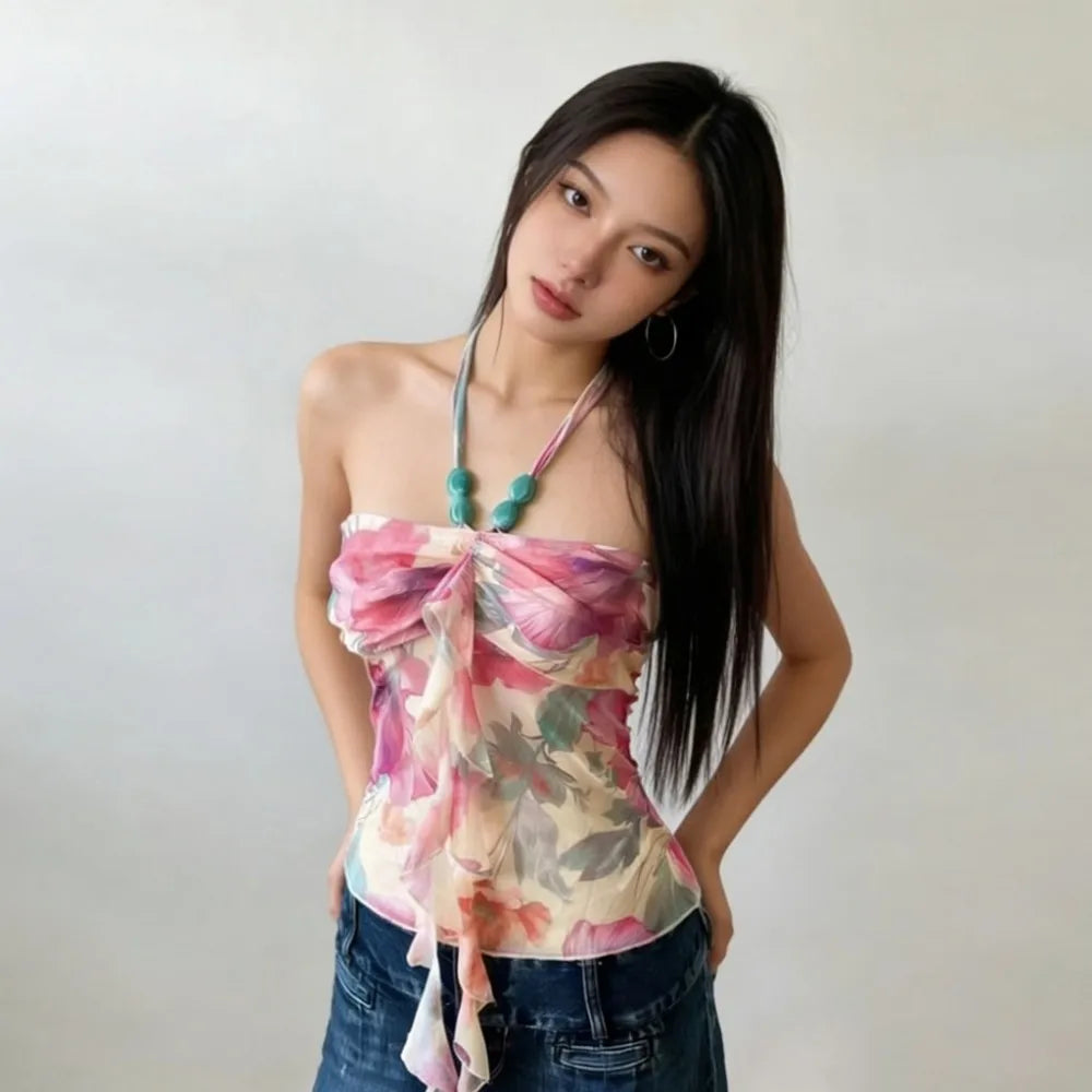 SylCue Colorful Print Camisole Tops Woman Beads Decoration Halter Backless Ruffles Tassel Sweet Girls Y2K Style Elegant Tops