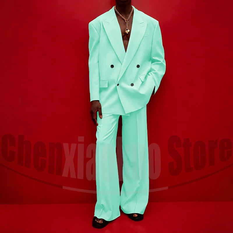 Men's Double Breasted Suit Set Oversized Blazer and Wide-Leg Trousers Fashion Casual Formal Outfits for Streetwear Party
