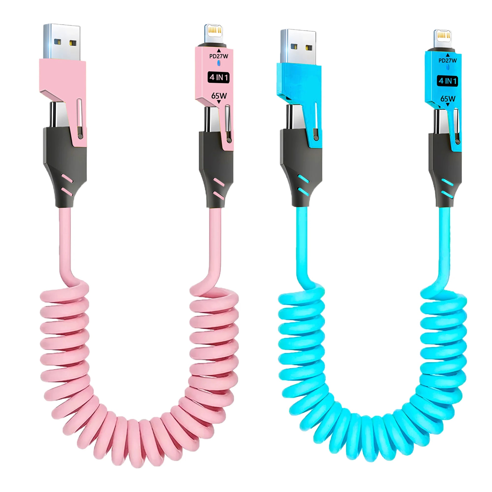 1/2PCS 4-in-1 Spring Data Cable & 65W Quick Charger: 6A USB Type-C Telescopic Wire Compatible with iPhone/iPad/MacBook/Huawei