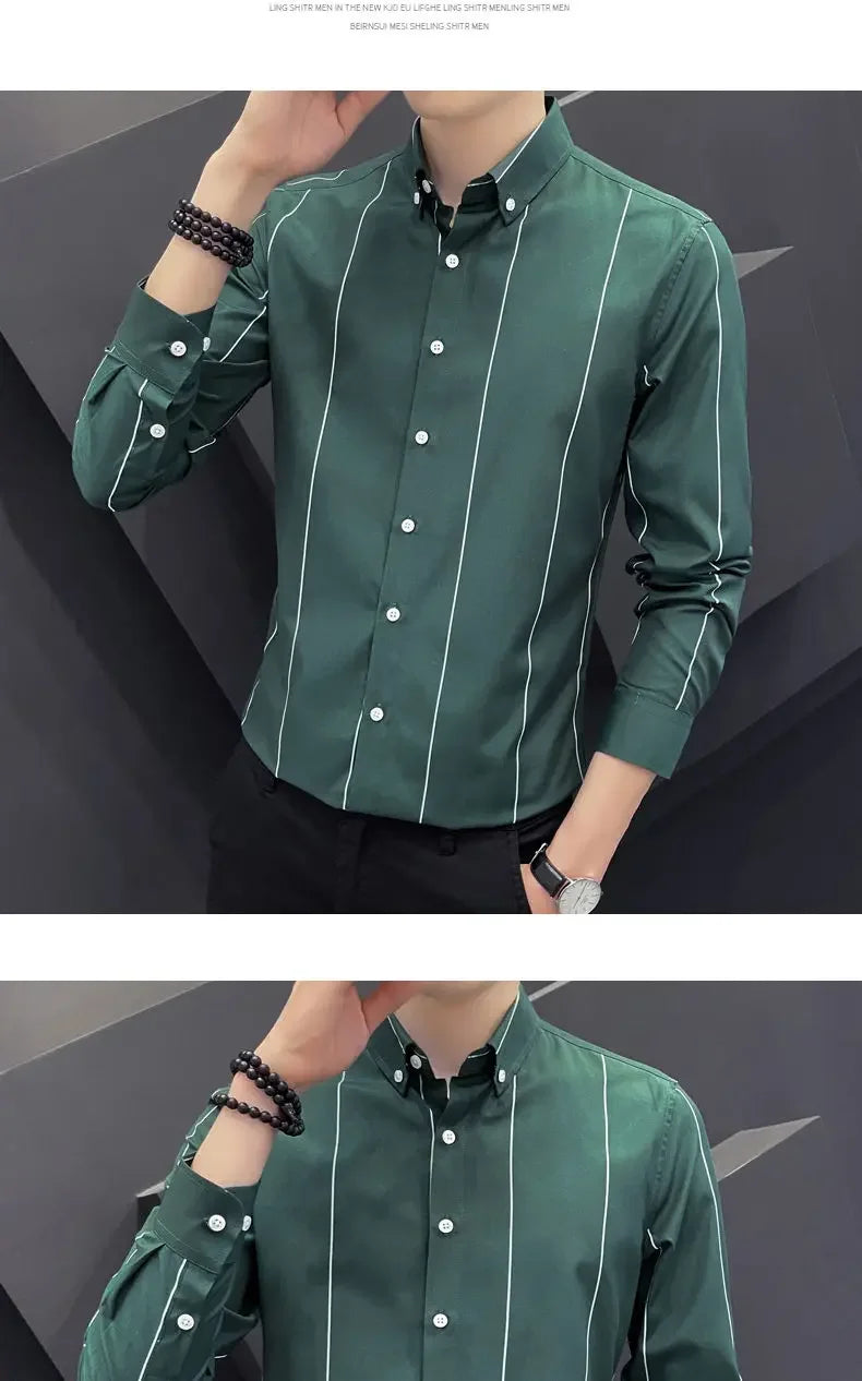 Stylish Men's Striped Shirt Printed Casual Business Dress Shirts Long Sleeve All-Match Slim Fit Fashion Korean Streetwear Shirts