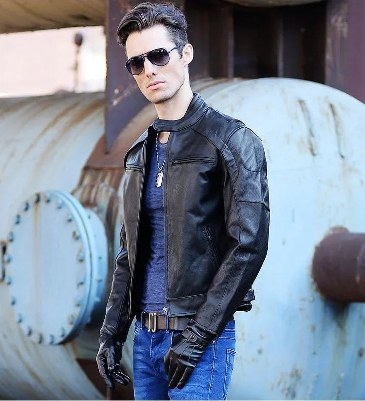 LNY Shop Best.Motor Biker real leather jacket,quality Classic rider leather clothes,man Protectable thick cowhide coat.