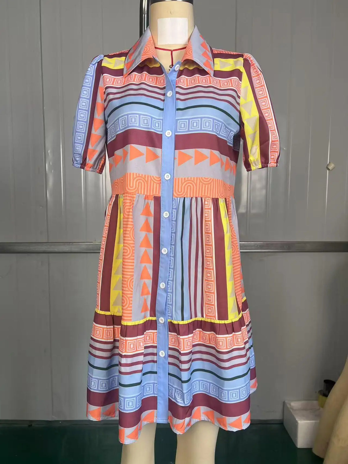 Fashionable Ethnic Print Stand Collar 3/4 Sleeve Dress Women's Cleanfit Loose Waist Polyester Cotton Blend Bell Sleeve Dress