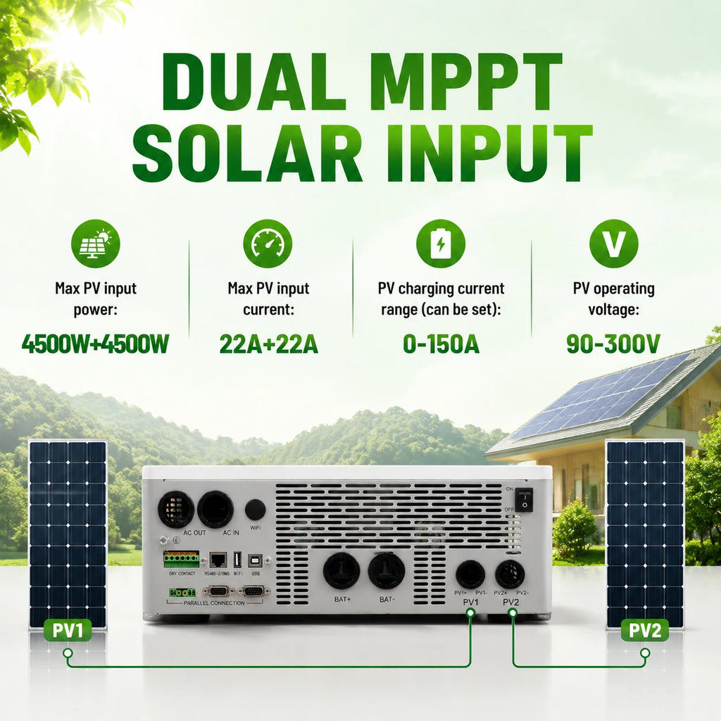 UL1741 Certified 6.5KW Hybrid Solar Inverter With CT Limiter ON/OFF Grid 48V DC to 110V/120V Dual MPPT Solar Input 300V