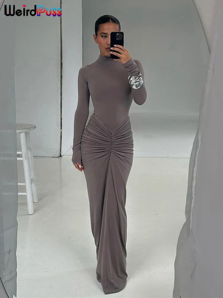 Weird Puss Hipster Ruched Dress Women O-Neck Full Sleeve Skinny Stretch Robe Autumn Trend Simple Classic Pleats Long Bodycon