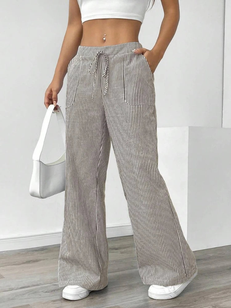 New Autumn Striped Drawstring Pants for Casual and Comfortable Street Fashion Loose Straight Leg Wide Leg Pants Trousers Women