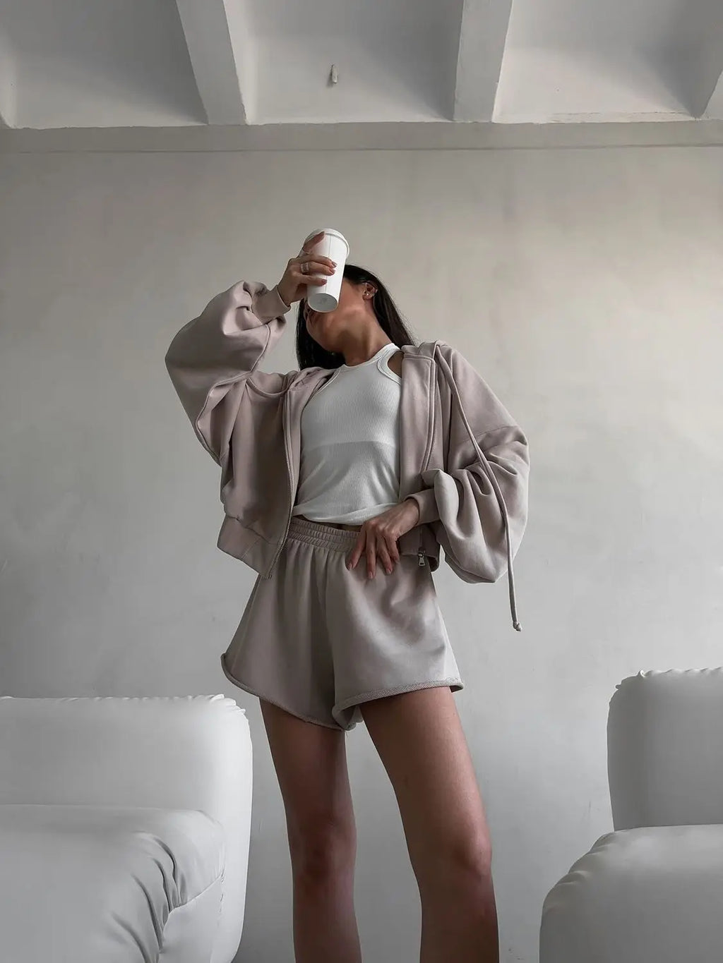 Women's Outfit Long-Sleeve Hooded Drawstring Sweatshirt Shorts Set Two-Piece Sets Sports Suit Sportswear Streetwear Trendy