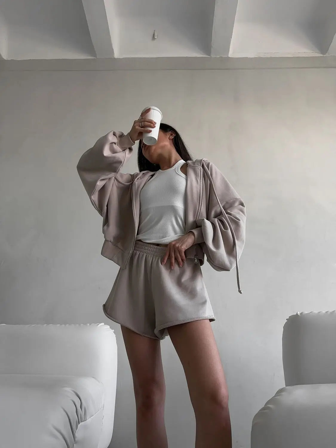 Women's Outfit Long-Sleeve Hooded Drawstring Sweatshirt Shorts Set Two-Piece Sets Sports Suit Sportswear Streetwear Trendy