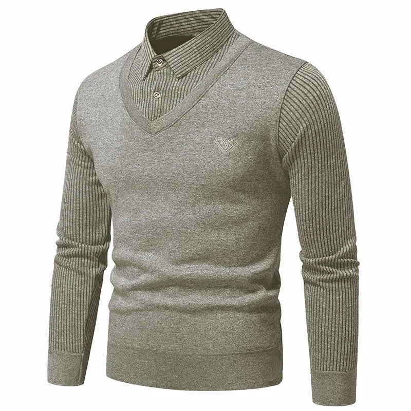 Autumn and Winter New Men's Fake Two Piece Sweater with Fleece and Slim Fit Polo Collar Knitted Bottom Shirt Thickened and Warm