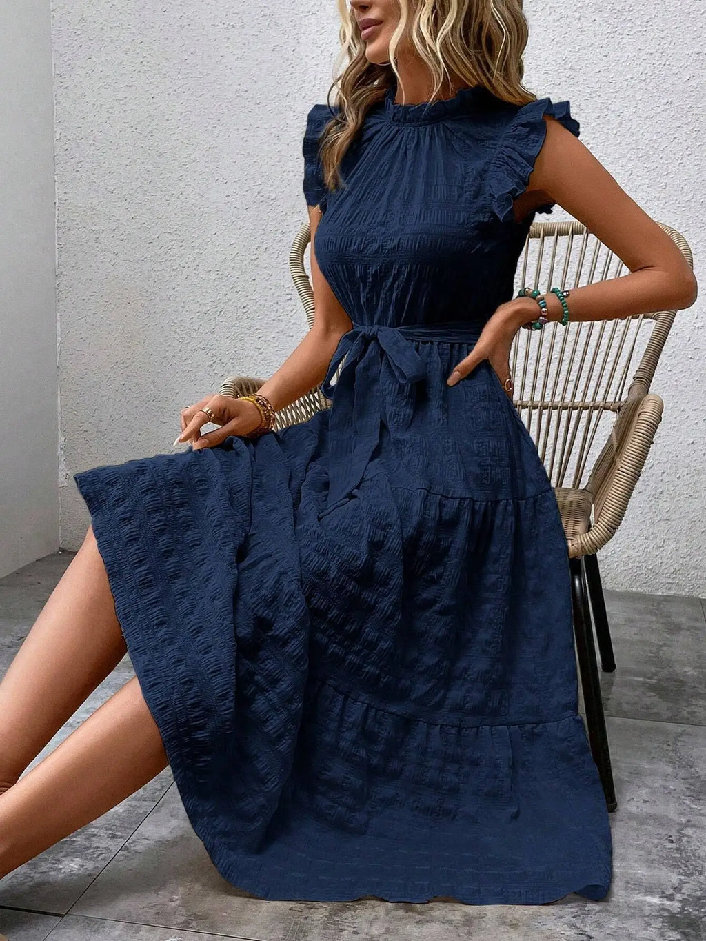 Elegant Women's Summer New Fashion Wooden Ear Edge Flying Sleeve Lace Up Texture Dress Purple  Sleeveless Lace Up Long Dresses